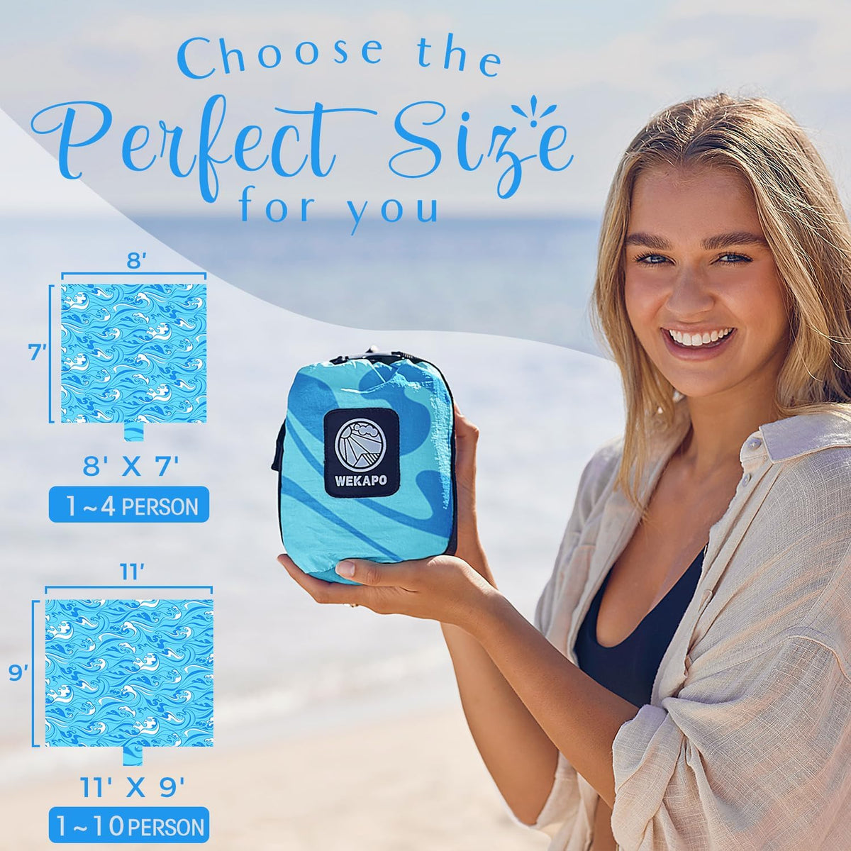 WEKAPO Sand Free Beach Blanket, Blue Ocean Waves