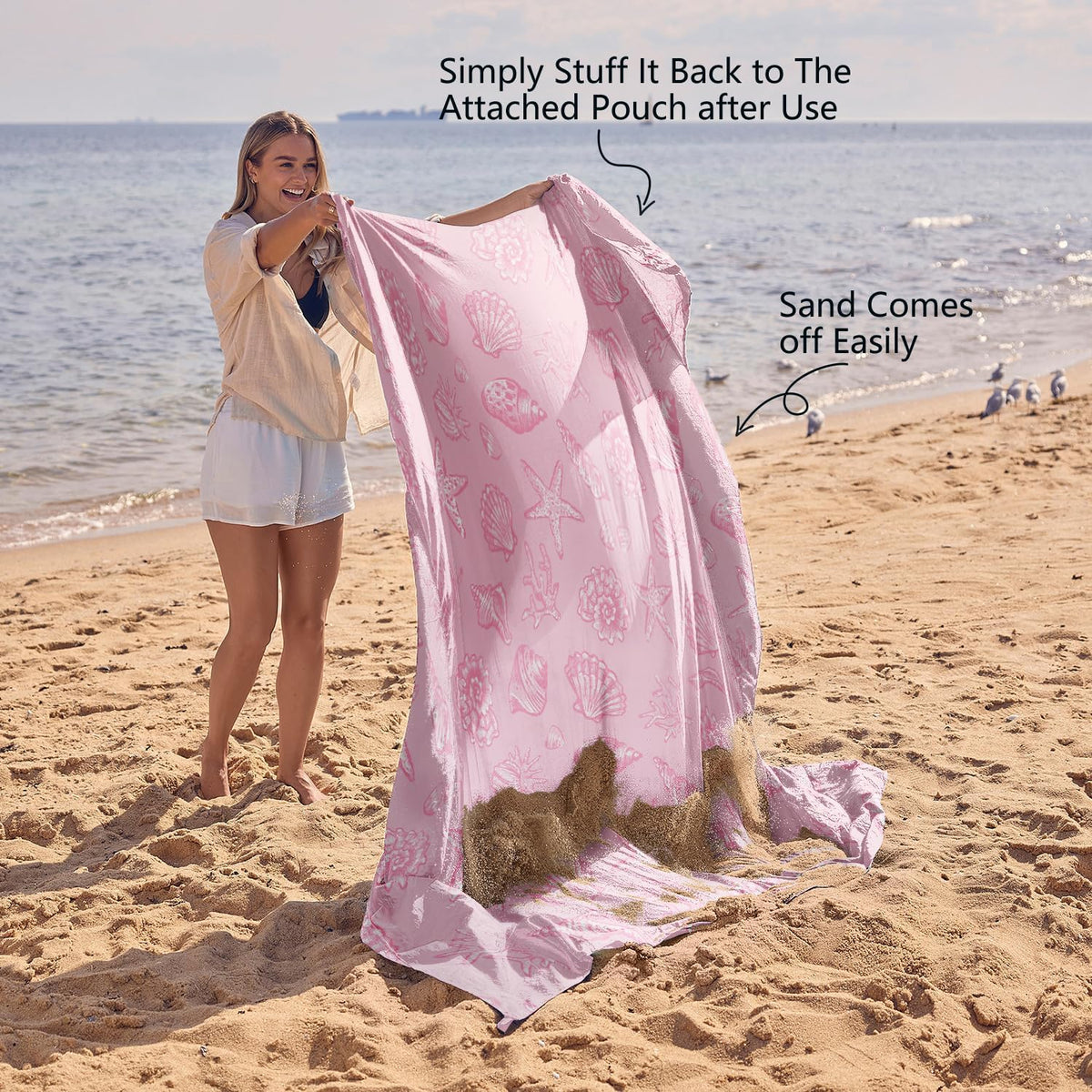 WEKAPO Sand Free Beach Blanket,Pink Sea Shells