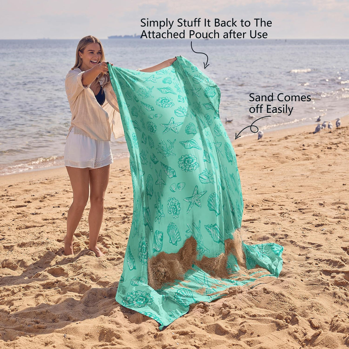 WEKAPO Sand Free Beach Blanket,Turquoise Shells
