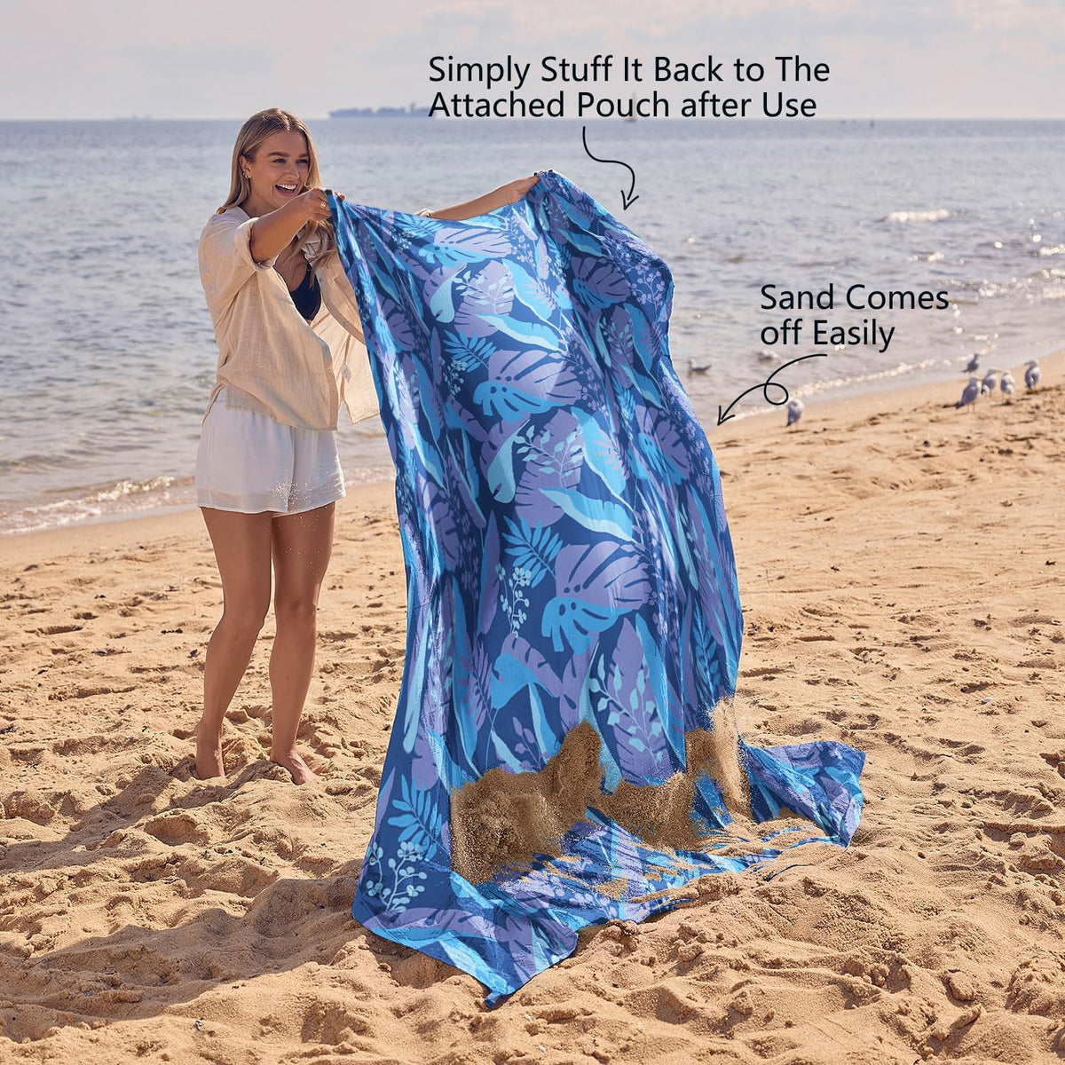 WEKAPO Sand Free Beach Blanket,Blue Leaf