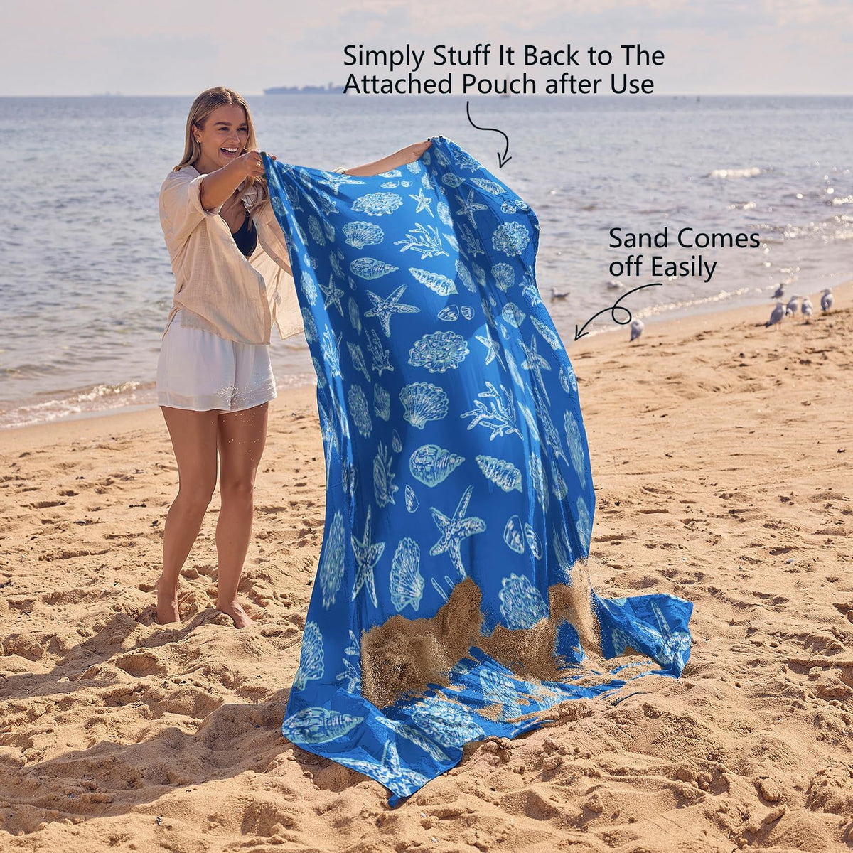 WEKAPO Sand Free Beach Blanket,Blue Sea Shells